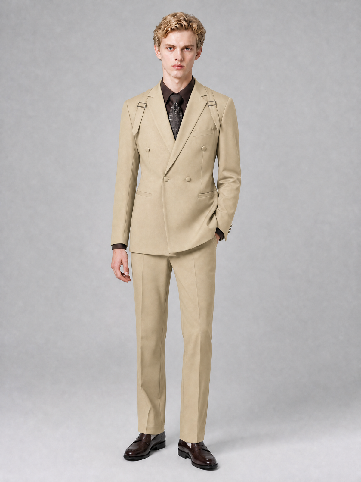 Men's Light Champagne Double-Breasted Slim Fit 2-Piece Suit – Peak Lapel Wedding & Business Formal Set - Champagne - Champagne_2