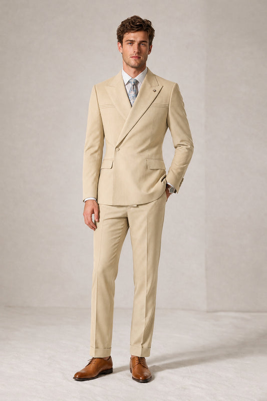 Savile Men's Champagne Double-Breasted Slim Fit 2-Piece Suit Set – Peak Lapel Blazer & Cuffed Trousers | Wedding Prom Formal - Champagne