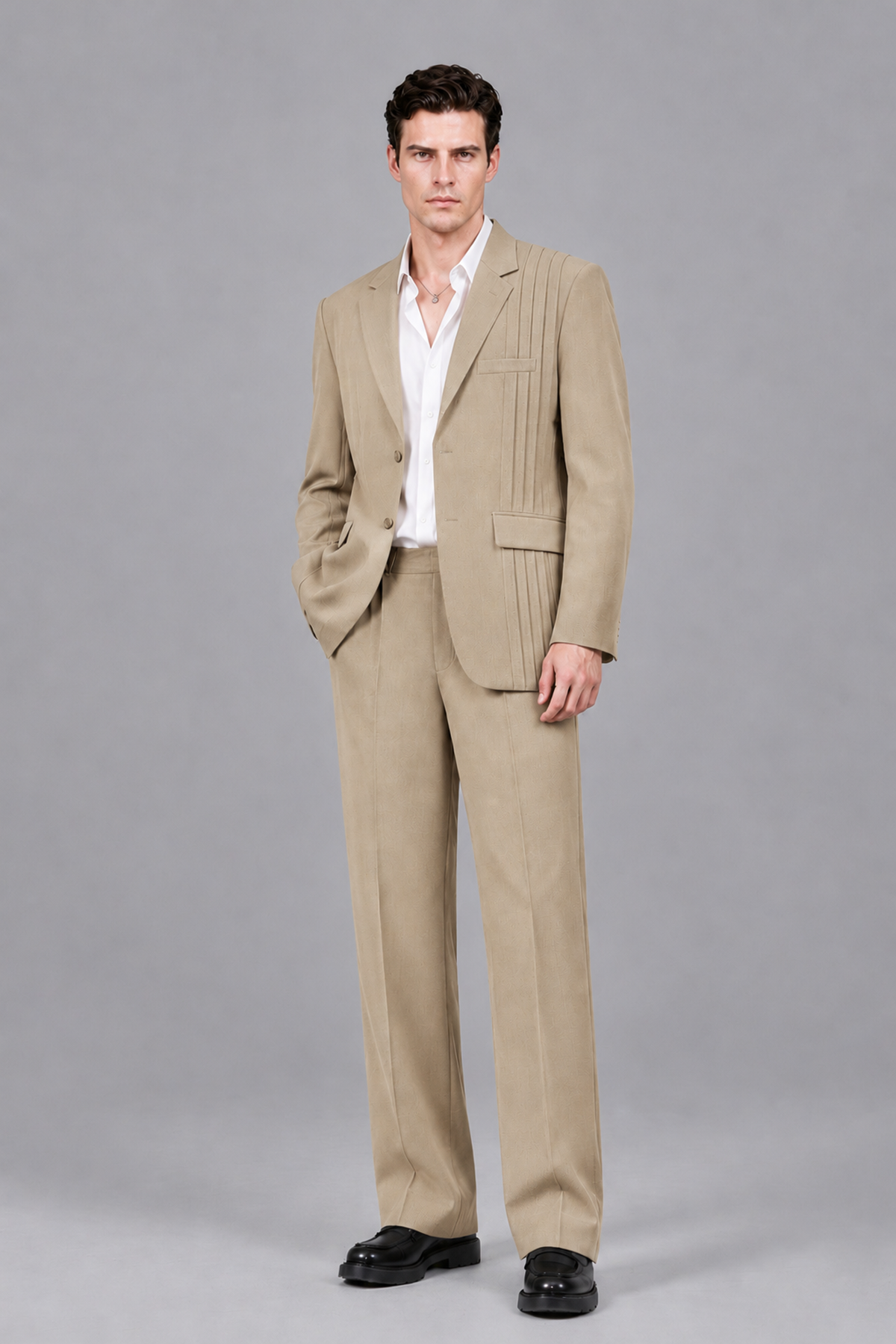 Savile Men's Champagne Pleated 2-Piece Suit Set | Notch Lapel Blazer & Tailored Trousers - Champagne - Champagne_2
