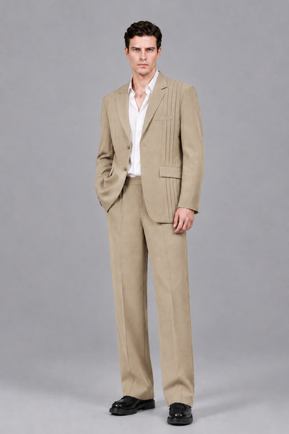 Savile Men's Champagne Pleated 2-Piece Suit Set | Notch Lapel Blazer & Tailored Trousers - Champagne - Champagne_2