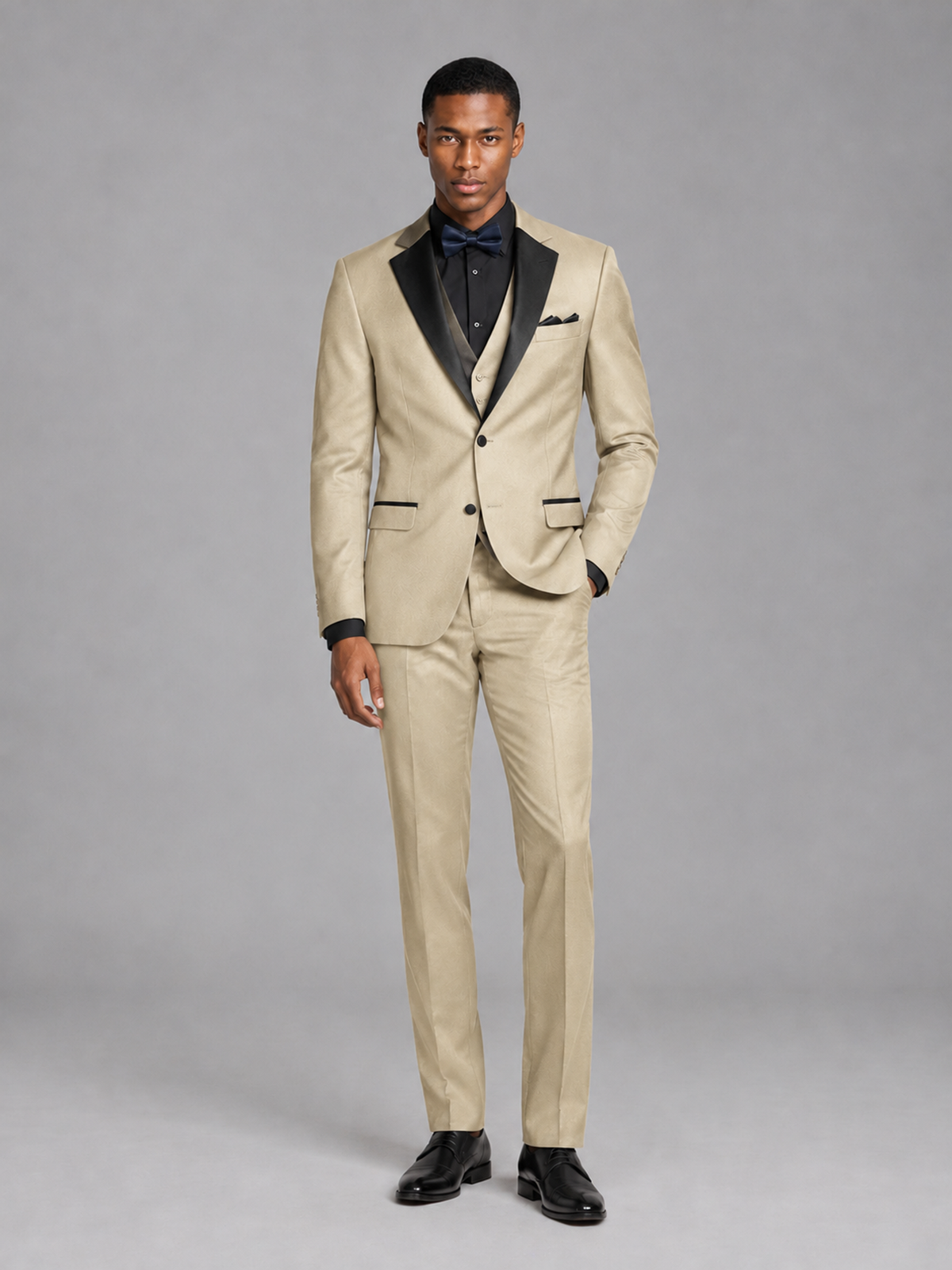 Savile Men's Champagne Contrast Shawl Lapel Tuxedo Suit – 3-Piece Wedding, Prom & Black-Tie Formal Set - Champagne - Champagne_2