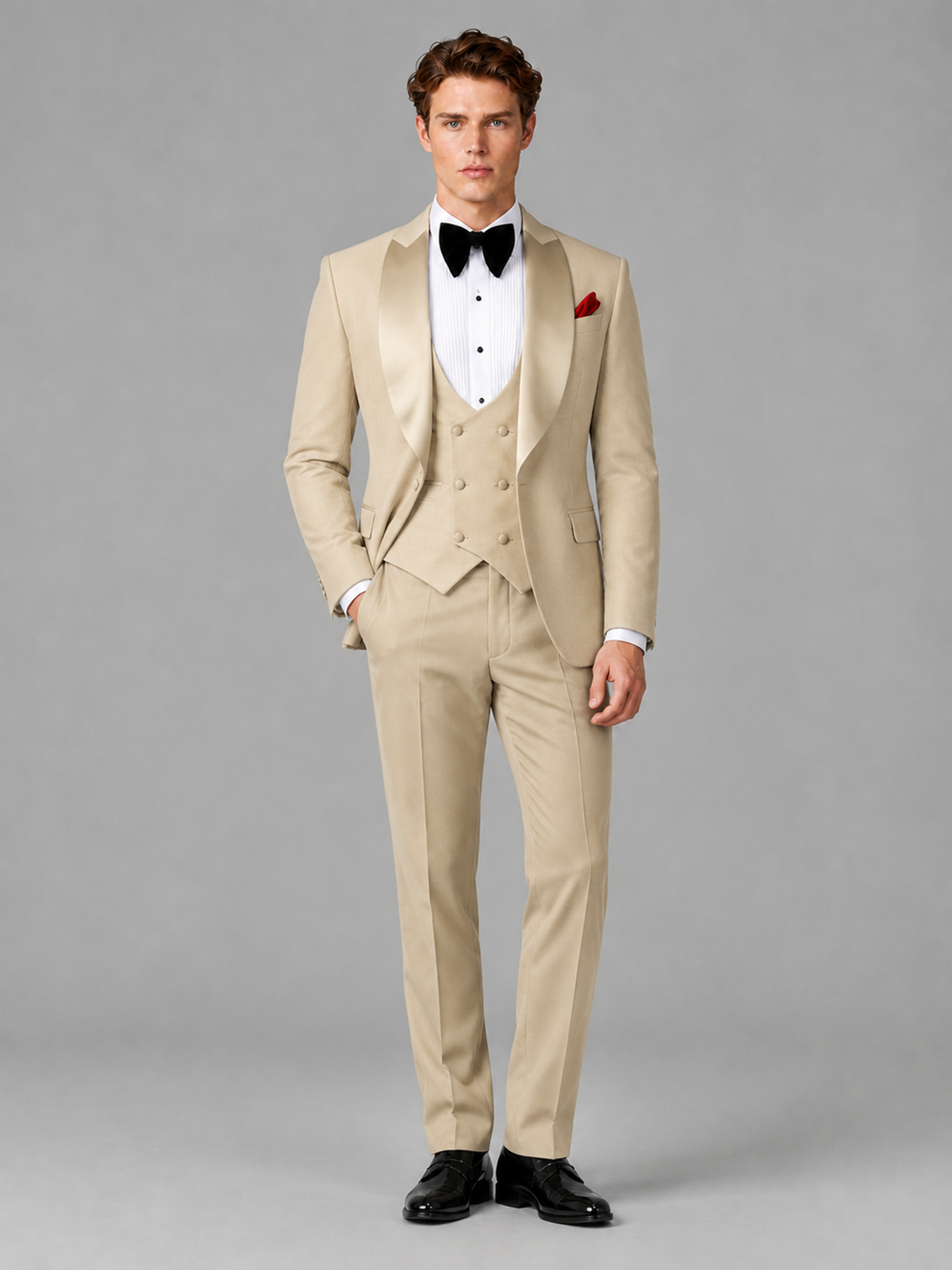 Savile Men's Champagne Houndstooth Shawl Lapel 3-Piece Tuxedo Suit Set – Jacket, Vest & Trousers - Champagne