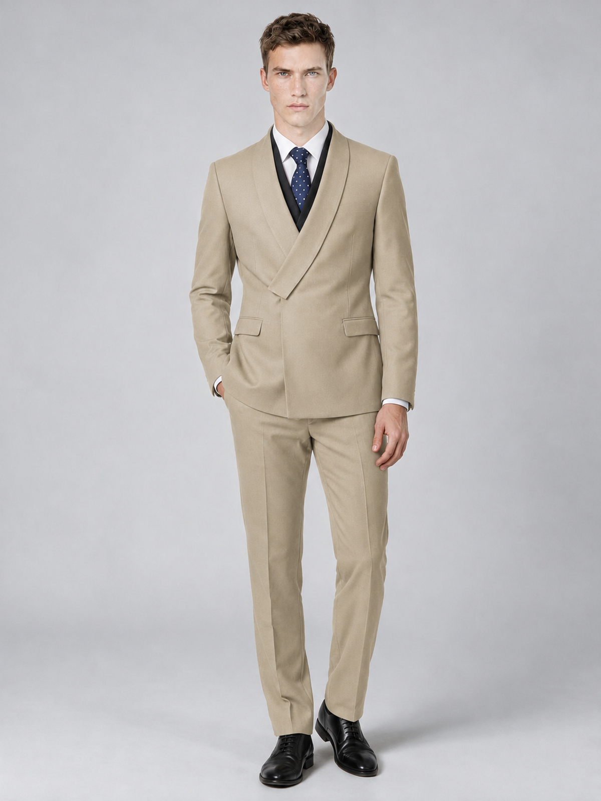 Savile Men's Champagne Wrap Shawl Lapel 2-Piece Suit Set – Modern Jacket & Trousers - Champagne - Champagne_2