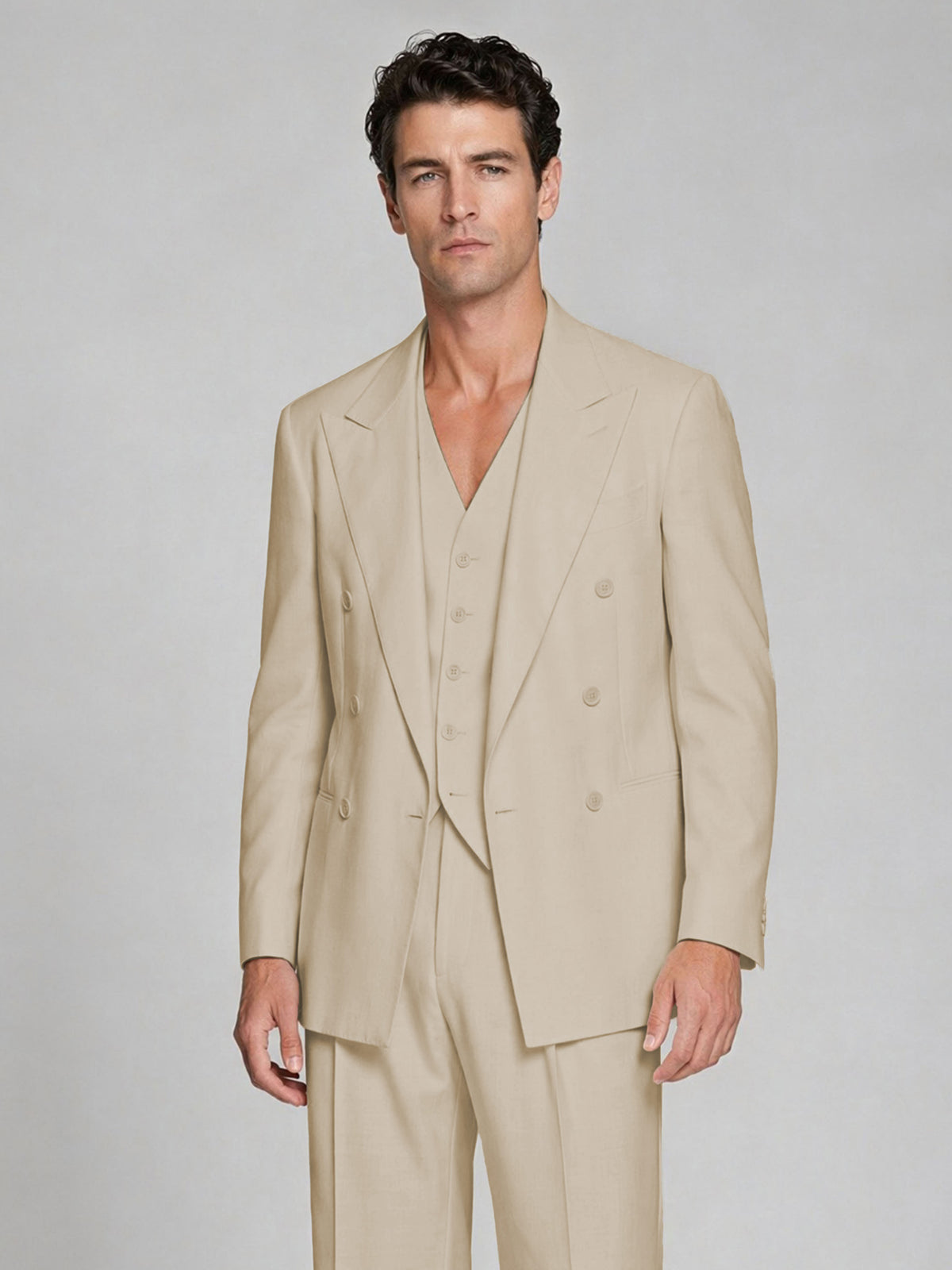 Men's Champagne Double-Breasted 2-Piece Suit – Peak Lapel Wedding & Beach Formal Set with Vest - Champagne