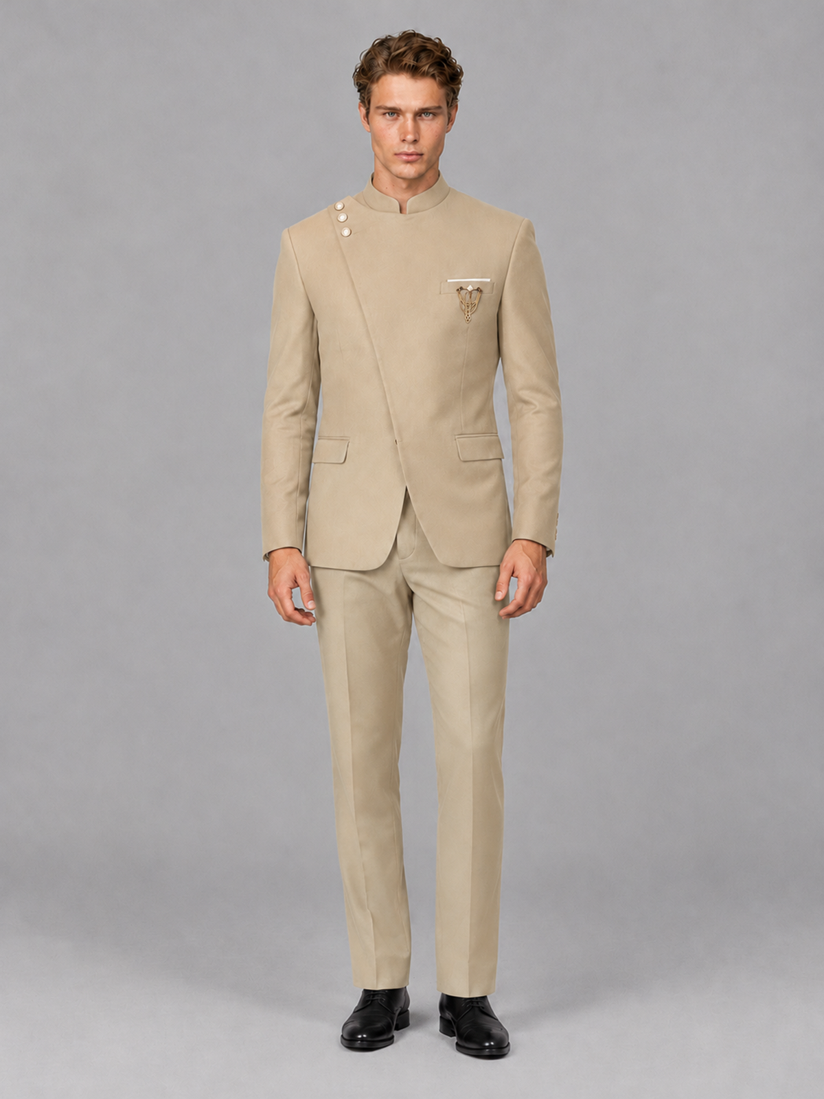 Savile Men's Champagne Mandarin Collar Asymmetrical 2-Piece Suit Set – Modern Jacket & Trousers - Champagne - Champagne_2