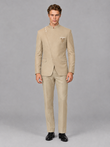 Savile Men's Champagne Mandarin Collar Asymmetrical 2-Piece Suit Set – Modern Jacket & Trousers - Champagne - Champagne_2