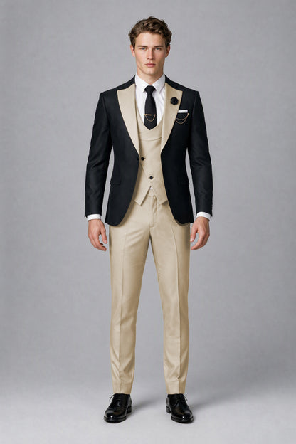 Savile Men's Black & Champagne Three-Piece Wedding Suit - Champagne