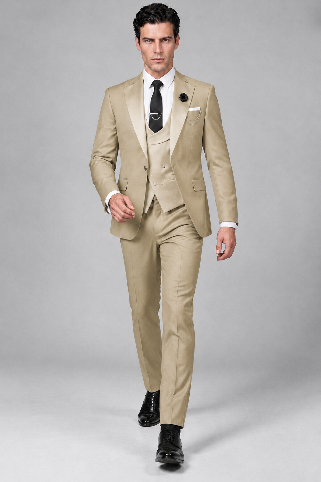 Savile Men's Champagne 3-Piece Tuxedo Suit – Contrast Silver Peak Lapel & Grey Vest Formal Set - Champagne - Champagne_2