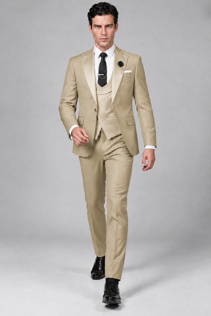 Savile Men's Champagne 3-Piece Tuxedo Suit – Contrast Silver Peak Lapel & Grey Vest Formal Set - Champagne - Champagne_2