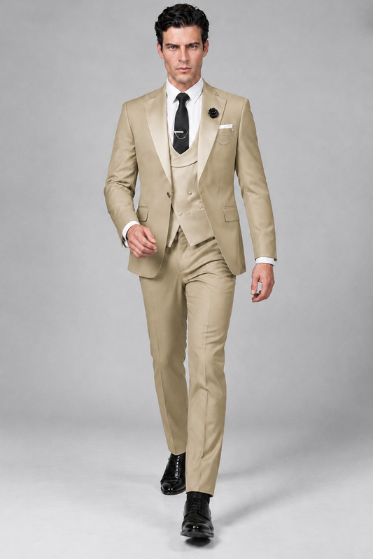Savile Men's Champagne 3-Piece Tuxedo Suit – Contrast Silver Peak Lapel & Grey Vest Formal Set - Champagne - Champagne_2