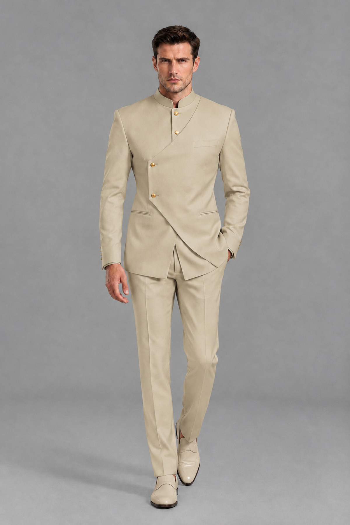 Savile Men's Champagne Asymmetrical Mandarin Collar Tuxedo Suit – Modern 2-Piece Gold Button Wedding, Prom & Gala Set - Champagne - Champagne_2