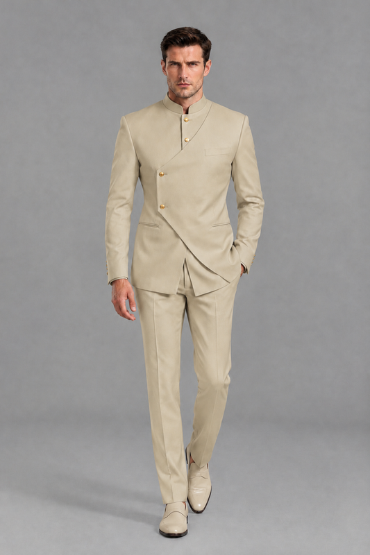 Savile Men's Champagne Asymmetrical Mandarin Collar Tuxedo Suit – Modern 2-Piece Gold Button Wedding, Prom & Gala Set - Champagne - Champagne_2