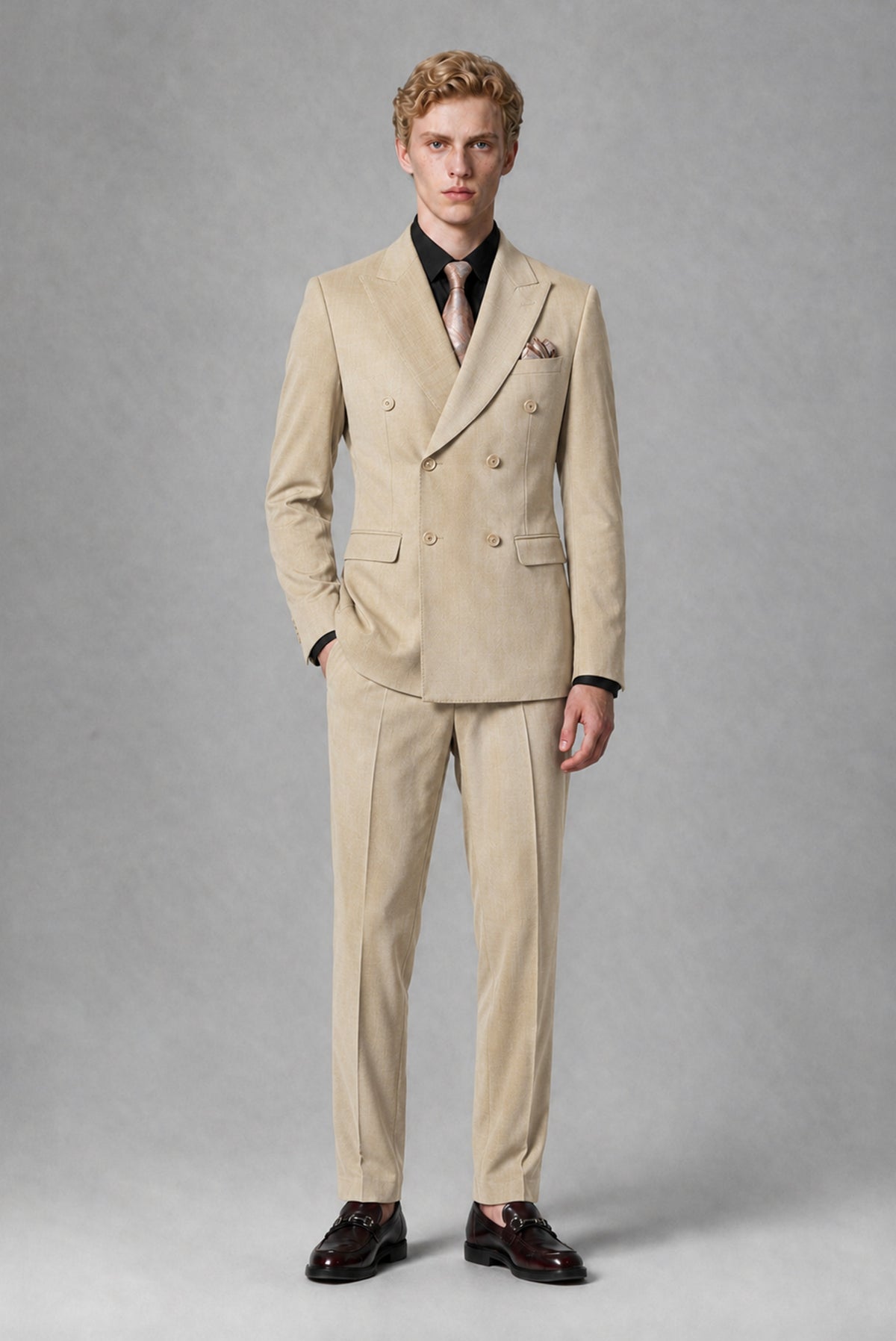 Savile Men's Champagne Double-Breasted Two-Piece Suit - Champagne