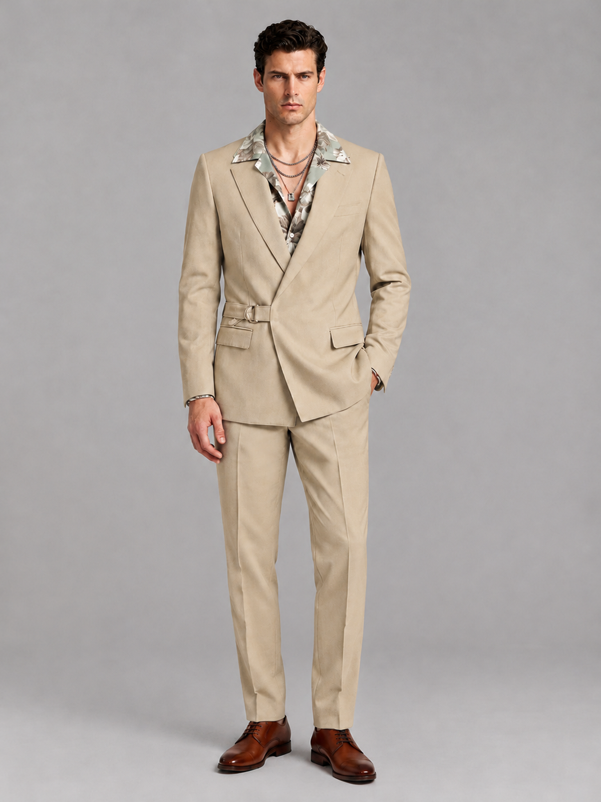 Savile Men's Champagne Belted Wrap 2-Piece Suit – Peak Lapel Blazer & Tailored Trousers - SUC060 - Champagne - Champagne_2