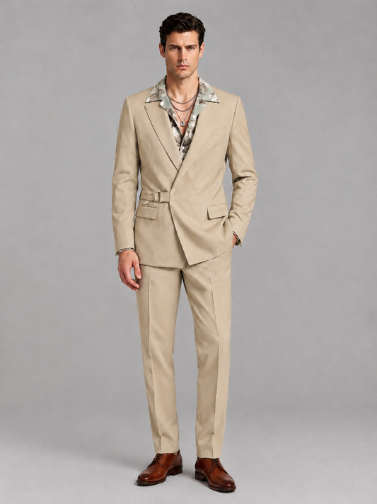 Savile Men's Champagne Belted Wrap 2-Piece Suit – Peak Lapel Blazer & Tailored Trousers - SUC060 - Champagne - Champagne_2