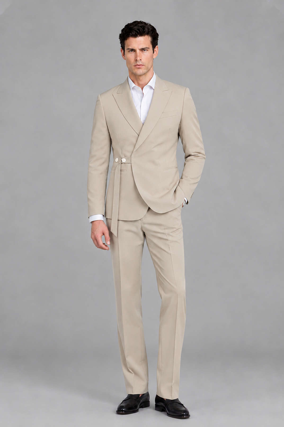 Savile Men's Modern Champagne 2-Piece Wrap Suit Set – Peak Lapel Side-Button Blazer & Tailored Trousers - Champagne - Champagne_2