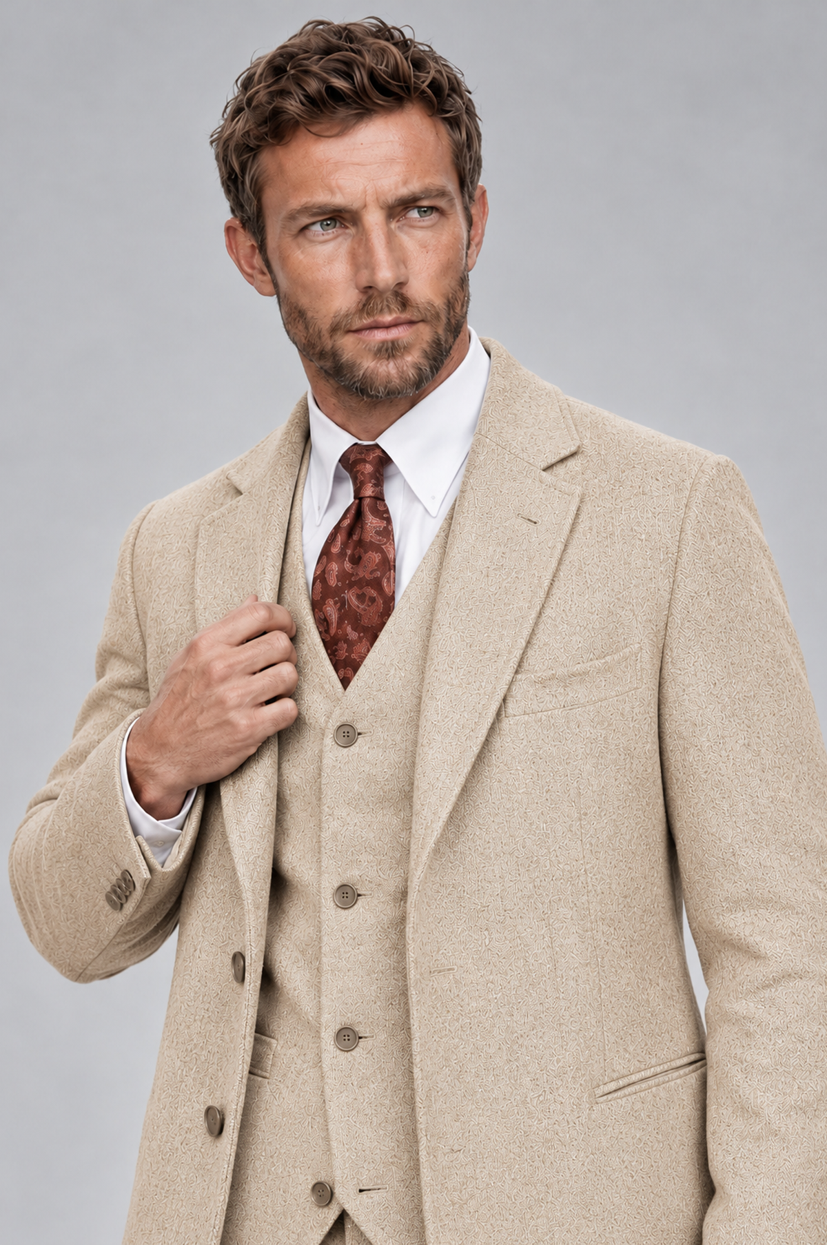 Savile Men's Champagne Grey 3-Piece Overcoat Suit Set – Notch Lapel Long Coat, Vest & Trousers - Champagne - Champagne_2