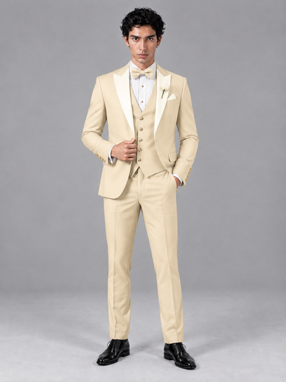 Savile Men's Champagne Contrast White Peak Lapel 3-Piece Tuxedo Suit - Champagne