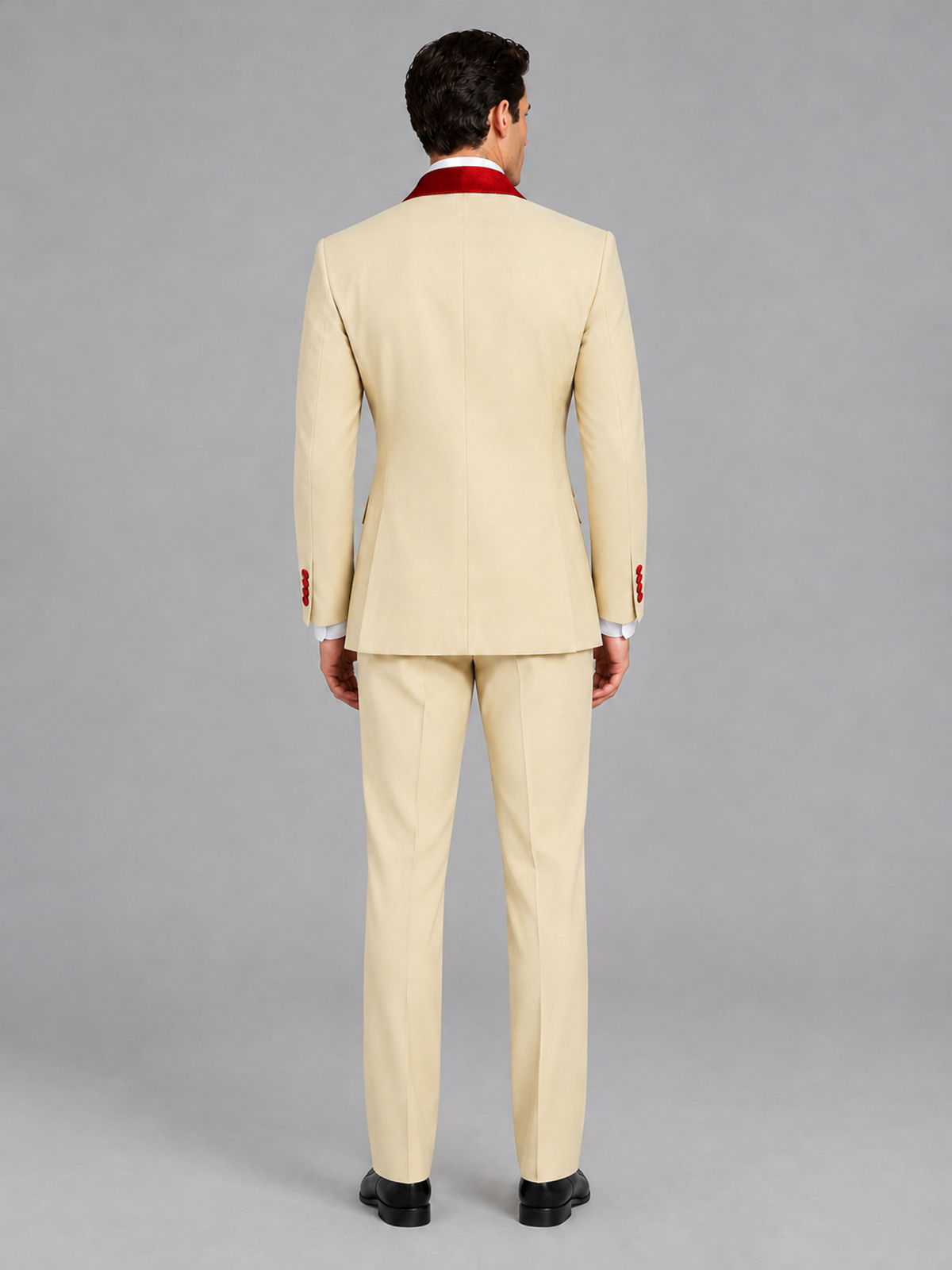 Savile Men's Champagne 3-Piece Tuxedo Suit Set – Contrast Red Shawl Lapel Blazer, Red Waistcoat & Trousers - SUC020 - Champagne