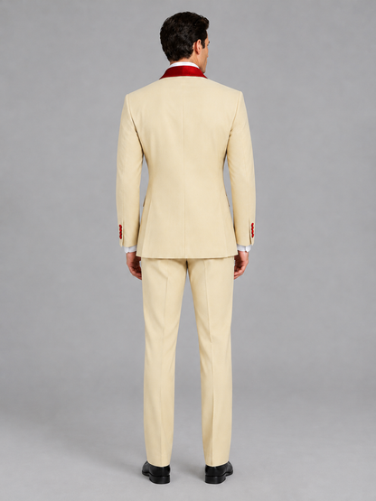 Savile Men's Champagne 3-Piece Tuxedo Suit Set – Contrast Red Shawl Lapel Blazer, Red Waistcoat & Trousers - SUC020 - Champagne