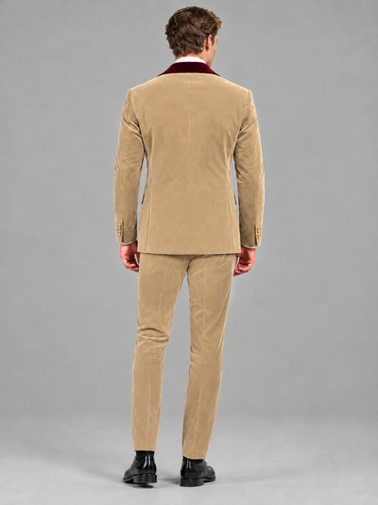 Savile Men's Champagne Velvet Double-Breasted 2-Piece Tuxedo Suit with Burgundy Peak Lapel - Champagne