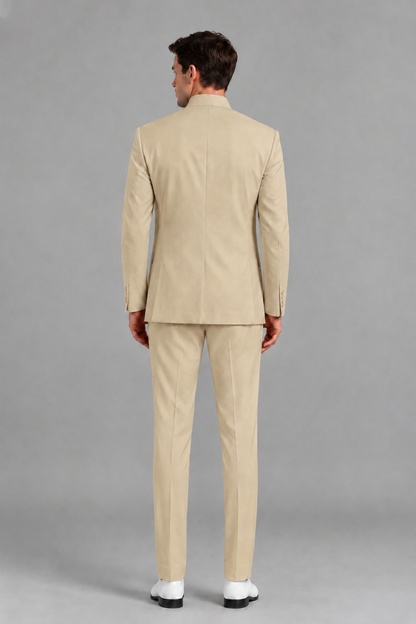 Savile Men's Champagne Asymmetrical Mandarin Collar Tuxedo Suit – Modern 2-Piece Gold Button Wedding, Prom & Gala Set - Champagne - Champagne_3