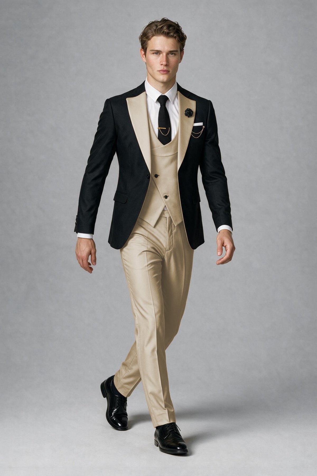 Savile Men's Black & Champagne Three-Piece Wedding Suit - Champagne