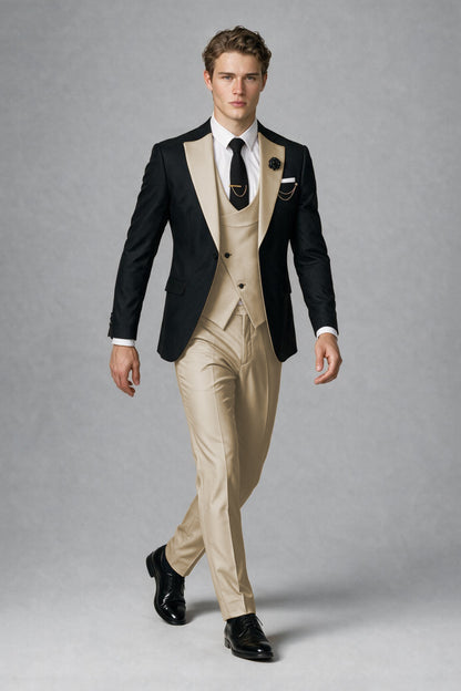 Savile Men's Black & Champagne Three-Piece Wedding Suit - Champagne