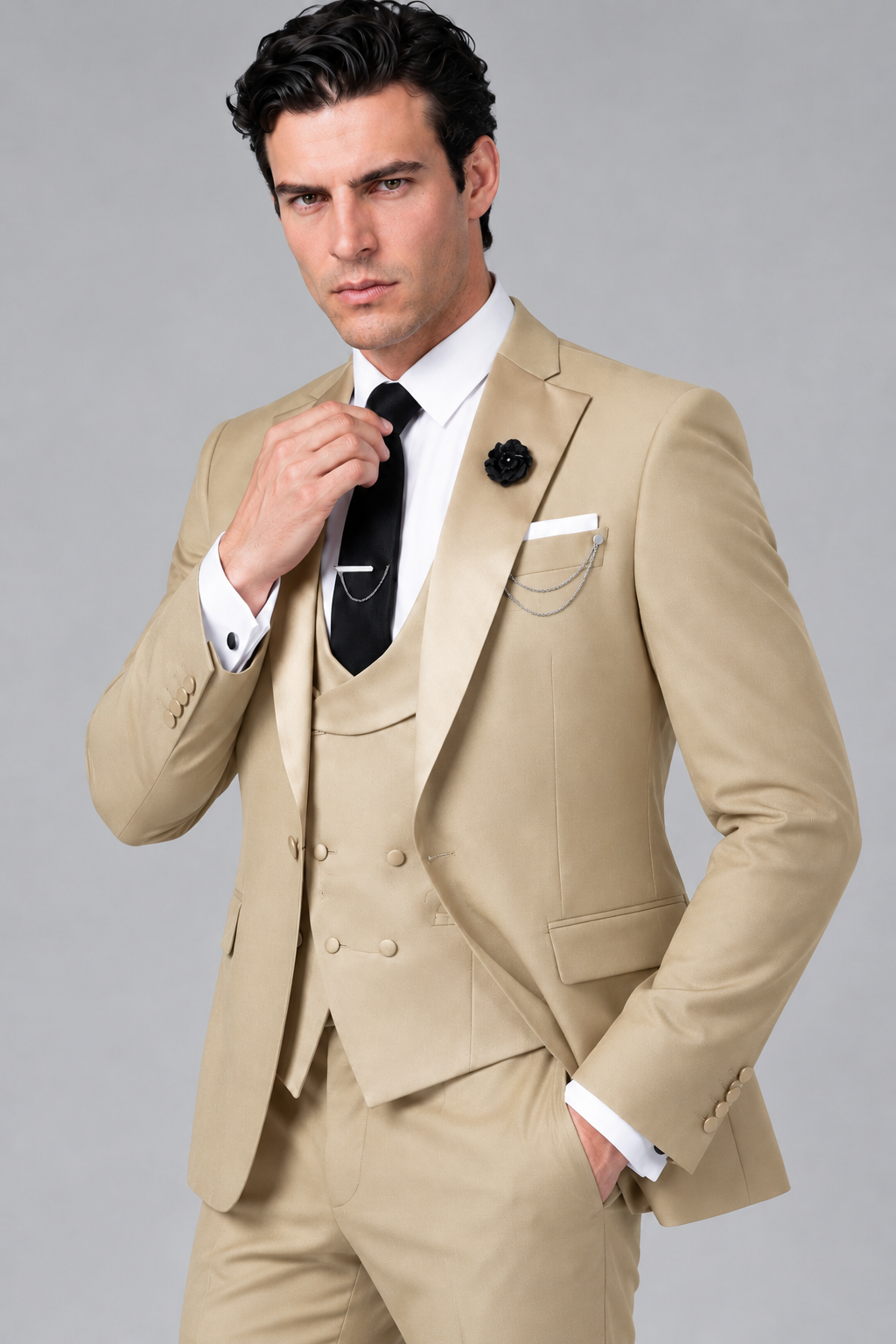 Savile Men's Champagne 3-Piece Tuxedo Suit – Contrast Silver Peak Lapel & Grey Vest Formal Set - Champagne - Champagne_3