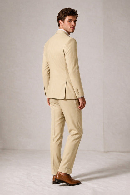 Savile Men's Champagne Double-Breasted Slim Fit 2-Piece Suit Set – Peak Lapel Blazer & Cuffed Trousers | Wedding Prom Formal - Champagne