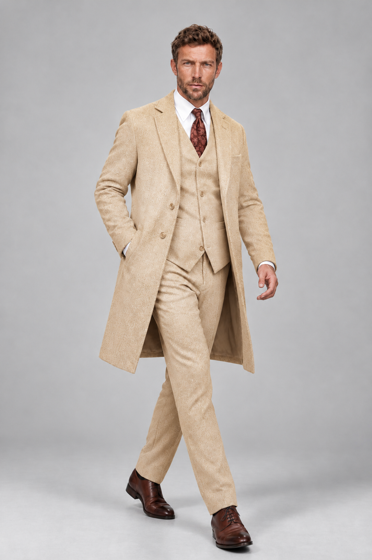Savile Men's Champagne Grey 3-Piece Overcoat Suit Set – Notch Lapel Long Coat, Vest & Trousers - Champagne - Champagne_3