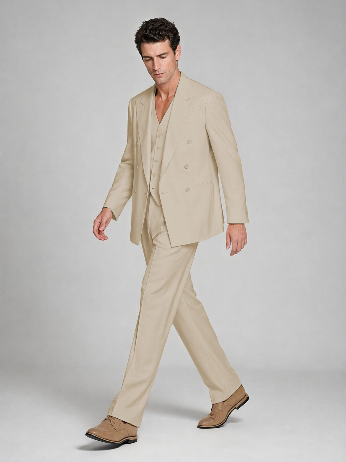 Men's Champagne Double-Breasted 2-Piece Suit – Peak Lapel Wedding & Beach Formal Set with Vest - Champagne