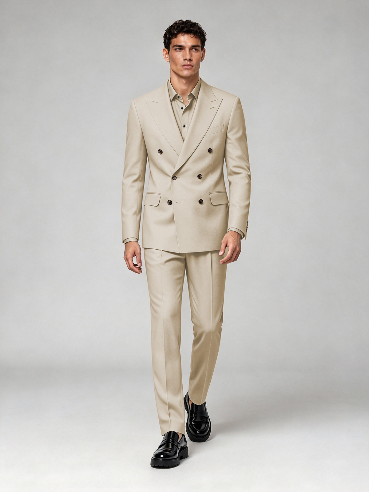 Savile Men's Champagne Double-Breasted 2-Piece Suit Set – Blazer & Trousers - Champagne