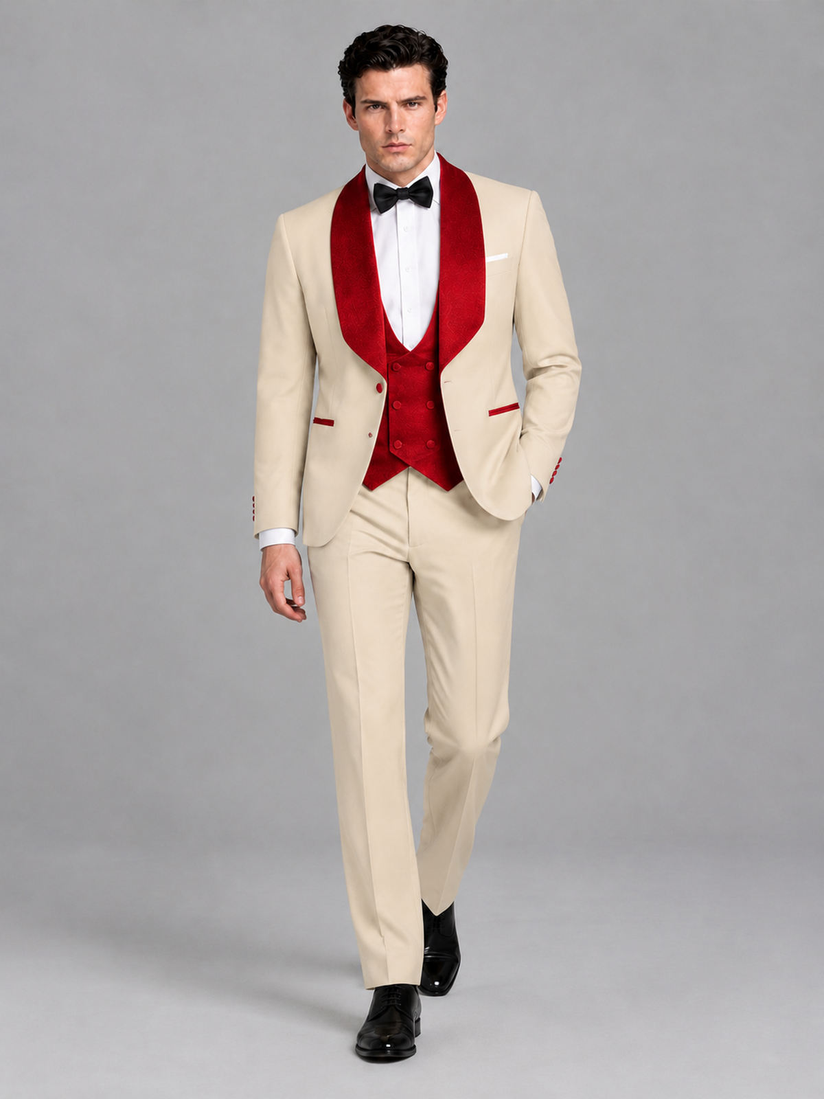 Savile Men's Champagne 3-Piece Tuxedo Suit Set – Contrast Red Shawl Lapel Blazer, Red Waistcoat & Trousers - SUC020 - Champagne