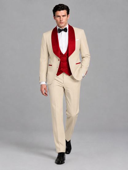 Savile Men's Champagne 3-Piece Tuxedo Suit Set – Contrast Red Shawl Lapel Blazer, Red Waistcoat & Trousers - SUC020 - Champagne