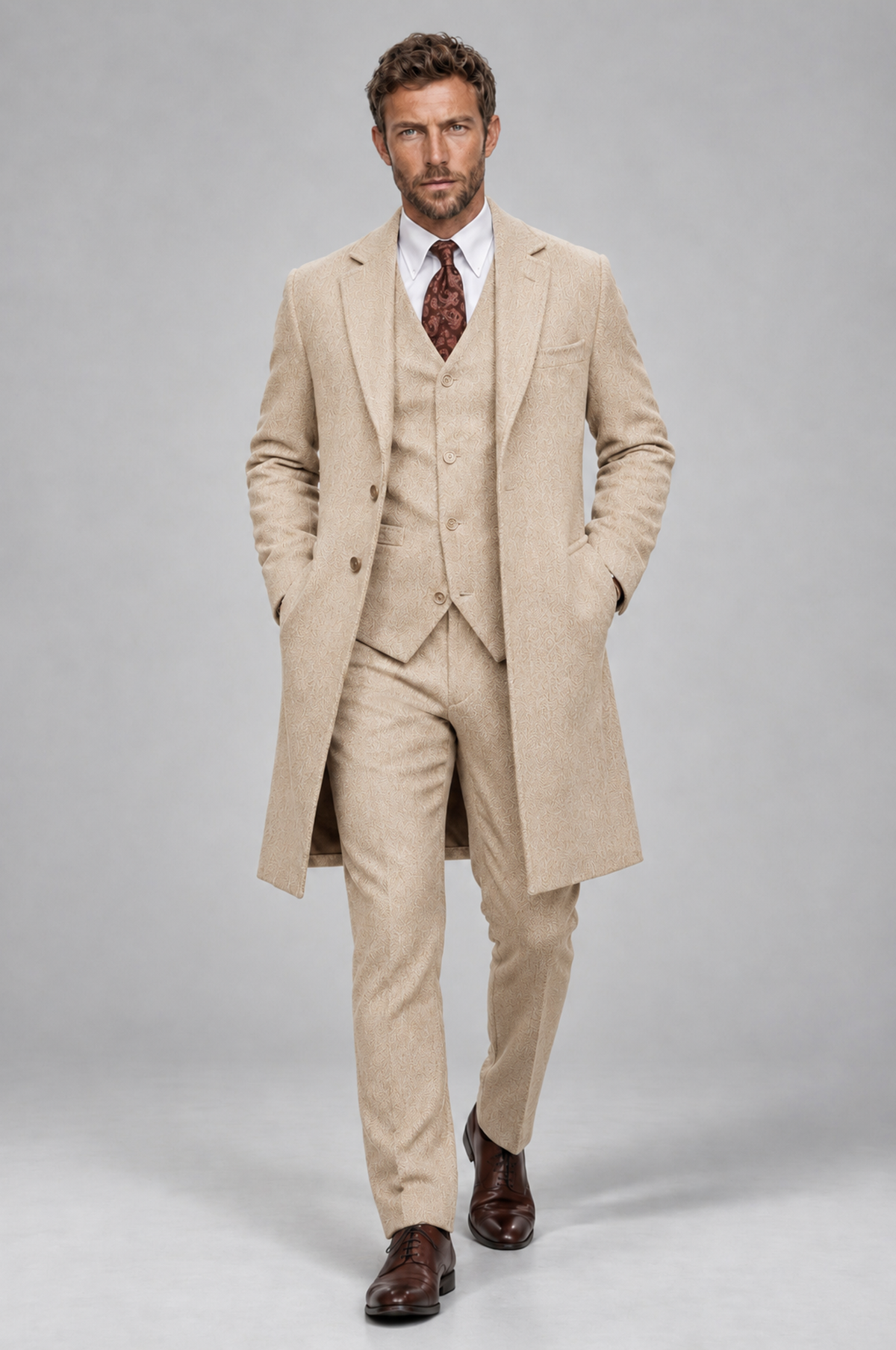 Savile Men's Champagne Grey 3-Piece Overcoat Suit Set – Notch Lapel Long Coat, Vest & Trousers - Champagne - Champagne_4