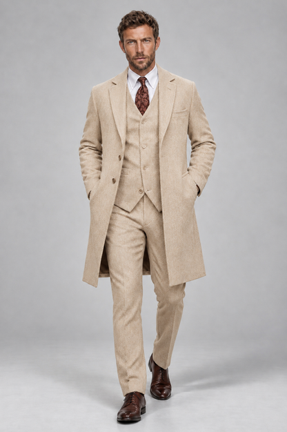 Savile Men's Champagne Grey 3-Piece Overcoat Suit Set – Notch Lapel Long Coat, Vest & Trousers - Champagne - Champagne_4