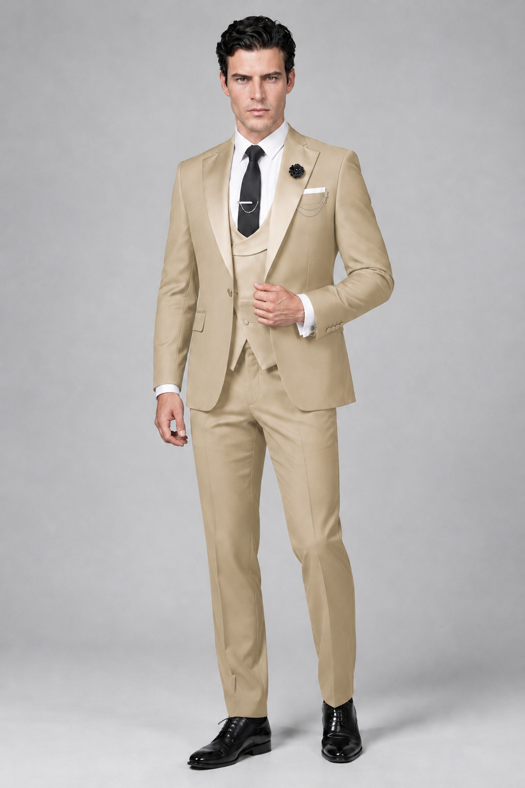 Savile Men's Champagne 3-Piece Tuxedo Suit – Contrast Silver Peak Lapel & Grey Vest Formal Set - Champagne - Champagne_4