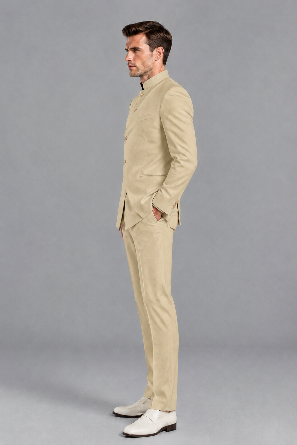Savile Men's Champagne Asymmetrical Mandarin Collar Tuxedo Suit – Modern 2-Piece Gold Button Wedding, Prom & Gala Set - Champagne - Champagne_4