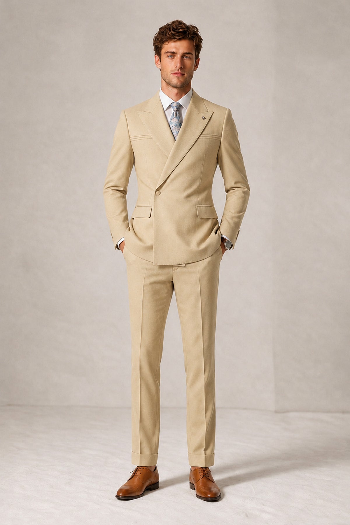 Savile Men's Champagne Double-Breasted Slim Fit 2-Piece Suit Set – Peak Lapel Blazer & Cuffed Trousers | Wedding Prom Formal - Champagne