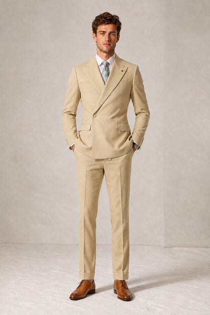 Savile Men's Champagne Double-Breasted Slim Fit 2-Piece Suit Set – Peak Lapel Blazer & Cuffed Trousers | Wedding Prom Formal - Champagne