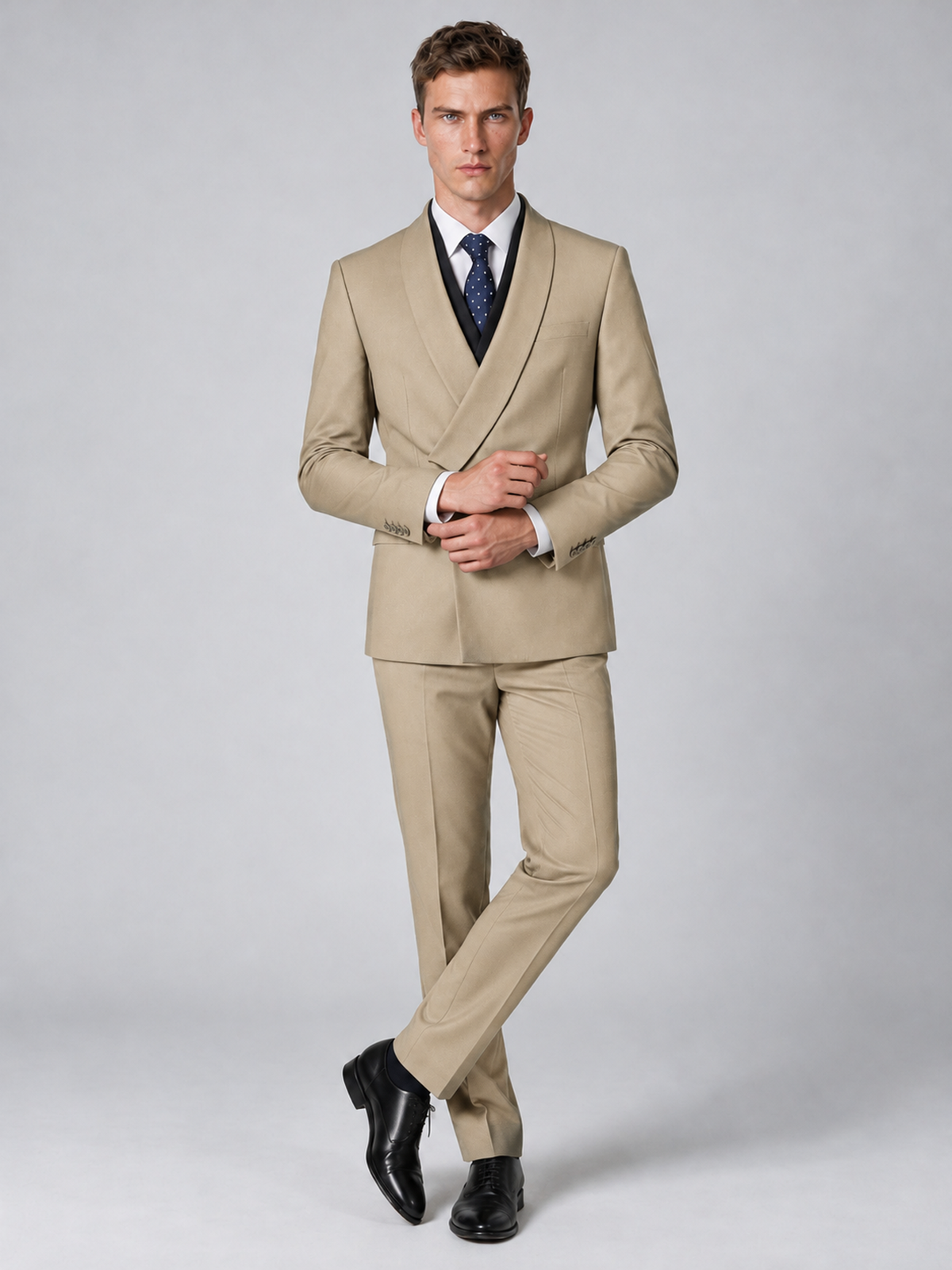 Savile Men's Champagne Wrap Shawl Lapel 2-Piece Suit Set – Modern Jacket & Trousers - Champagne - Champagne_4