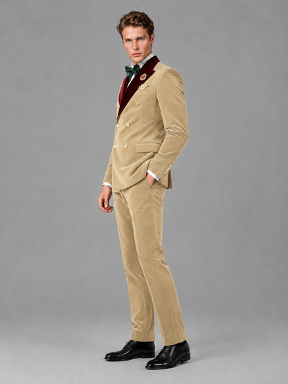 Savile Men's Champagne Velvet Double-Breasted 2-Piece Tuxedo Suit with Burgundy Peak Lapel - Champagne