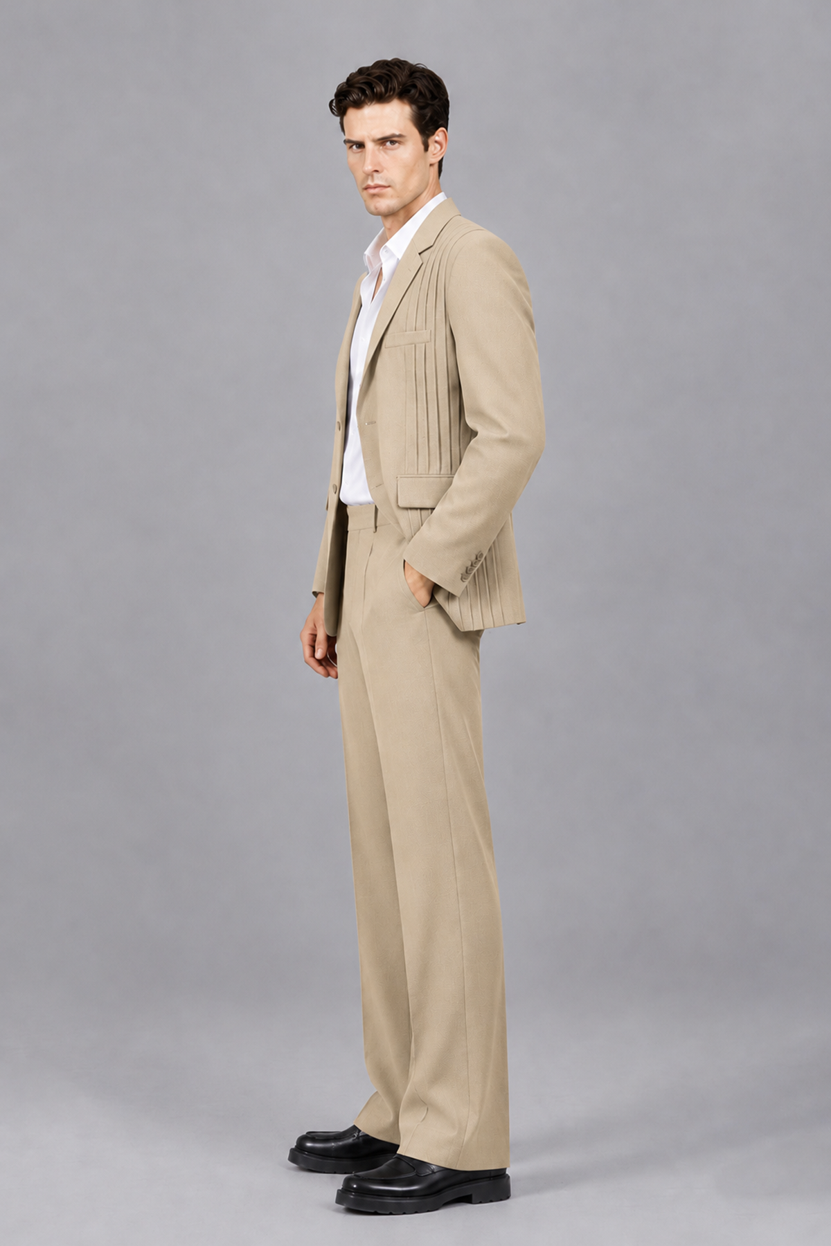 Savile Men's Champagne Pleated 2-Piece Suit Set | Notch Lapel Blazer & Tailored Trousers - Champagne - Champagne_4