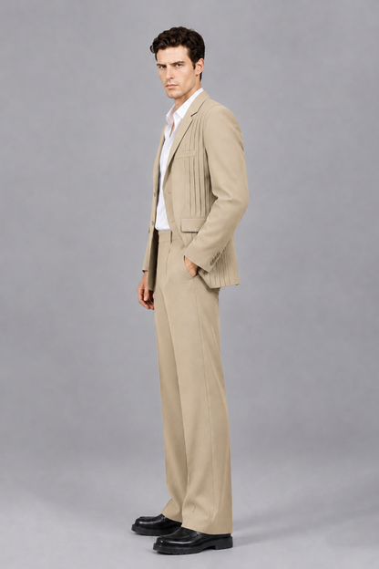Savile Men's Champagne Pleated 2-Piece Suit Set | Notch Lapel Blazer & Tailored Trousers - Champagne - Champagne_4