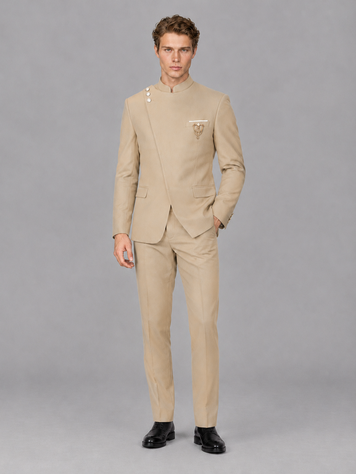 Savile Men's Champagne Mandarin Collar Asymmetrical 2-Piece Suit Set – Modern Jacket & Trousers - Champagne - Champagne_4