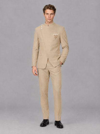 Savile Men's Champagne Mandarin Collar Asymmetrical 2-Piece Suit Set – Modern Jacket & Trousers - Champagne - Champagne_4