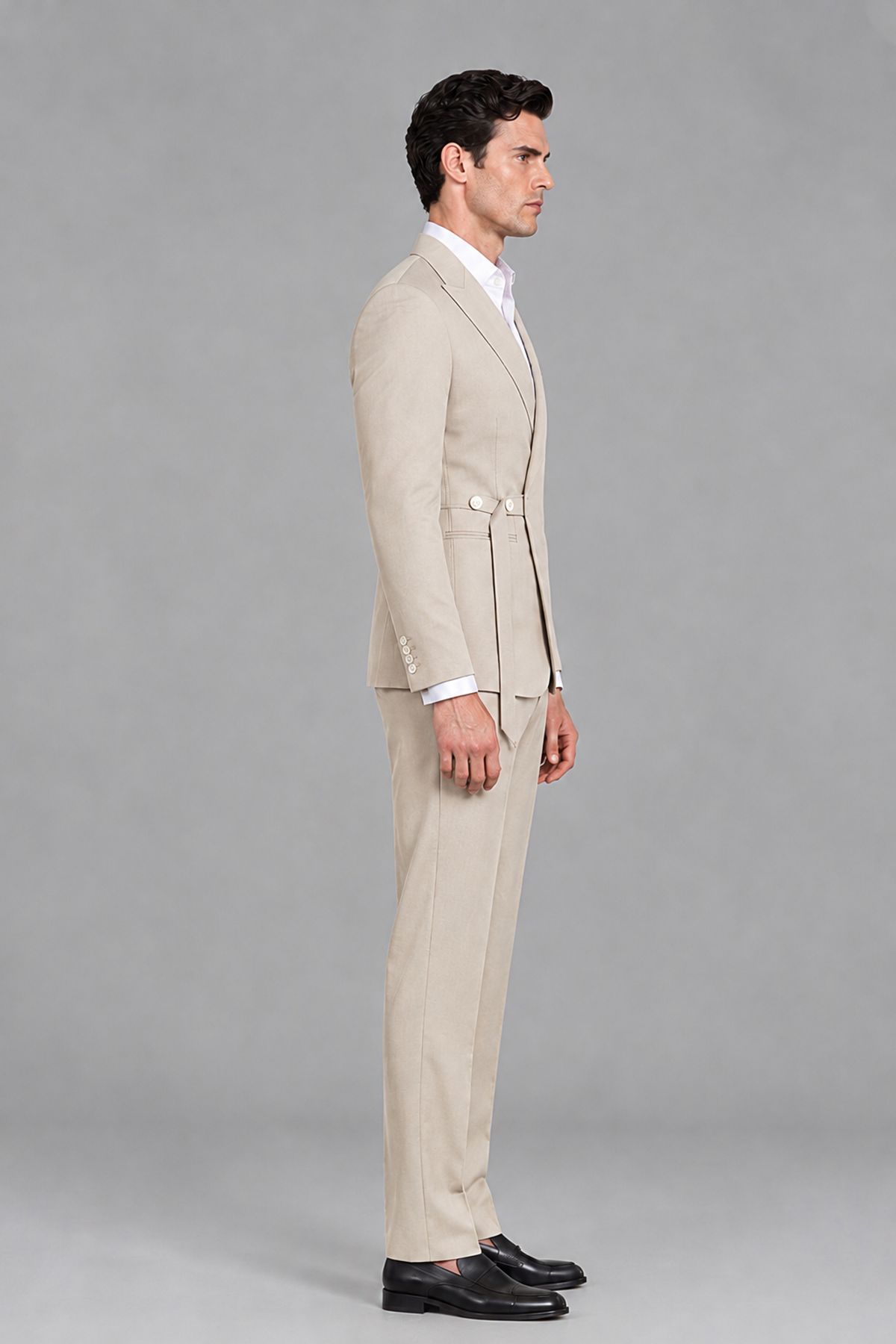 Savile Men's Modern Champagne 2-Piece Wrap Suit Set – Peak Lapel Side-Button Blazer & Tailored Trousers - Champagne - Champagne_4