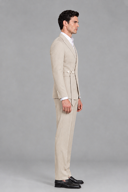 Savile Men's Modern Champagne 2-Piece Wrap Suit Set – Peak Lapel Side-Button Blazer & Tailored Trousers - Champagne - Champagne_4