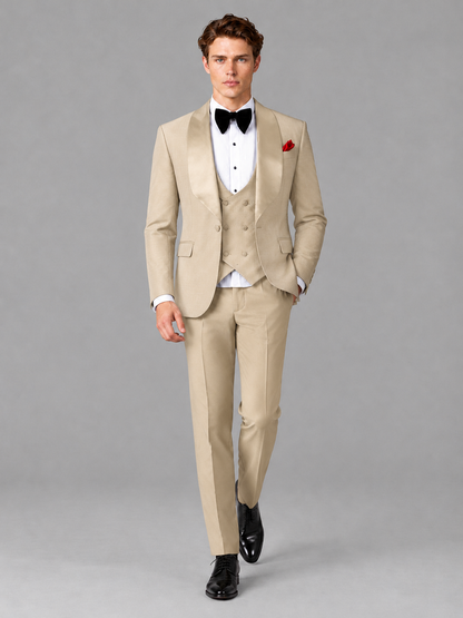 Savile Men's Champagne Houndstooth Shawl Lapel 3-Piece Tuxedo Suit Set – Jacket, Vest & Trousers - Champagne